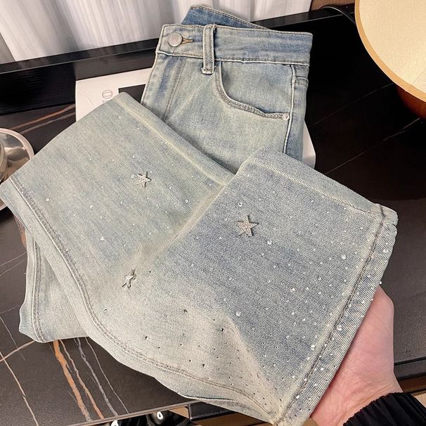 Women's Clothing High-Waisted Star Studded Rhinestone Flared Jeans Slimming Petite Look Platform Women's Denim Trendy Spring_mkmklike.com