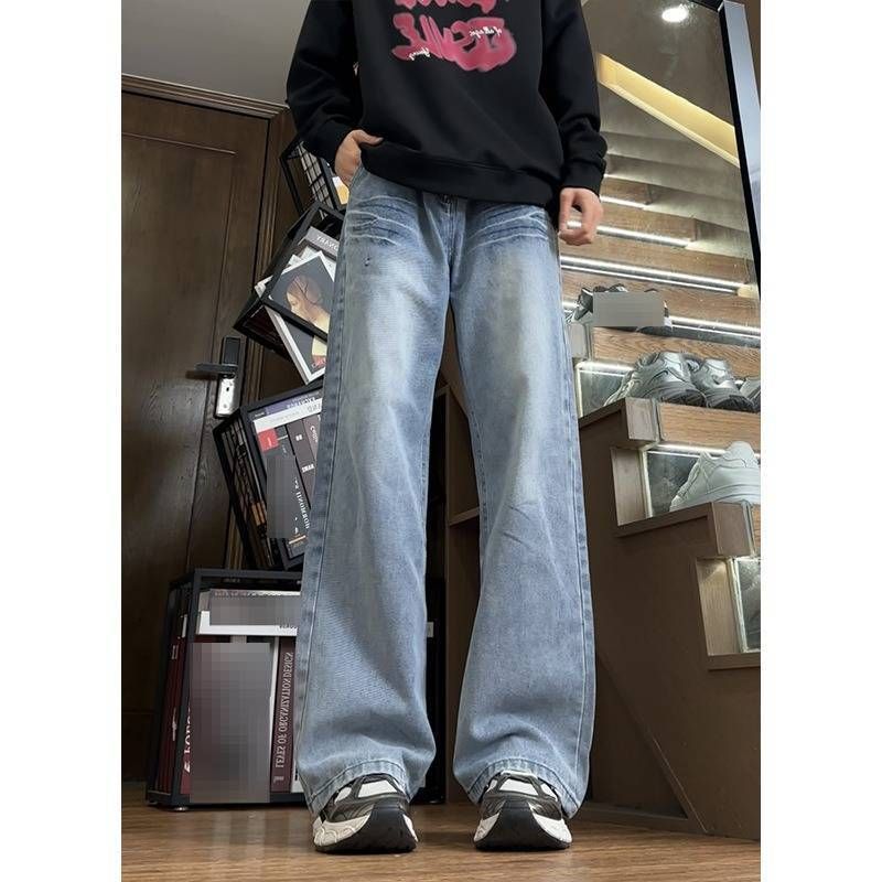 Light Blue American Retro Straight Leg Jeans Men's Clean Fit Slightly Flared Pants Spring Style Cool Sophisticated_mkmklike.com