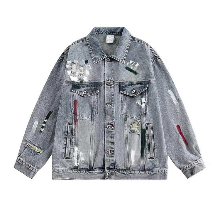 American Retro Paint Point Ripped Denim Jacket Men's Spring And Autumn Trendy Brand Loose Old Couple Jacket Top Women_mkmklike.com