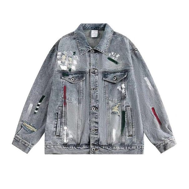 American Retro Paint Point Ripped Denim Jacket Men's Spring And Autumn Trendy Brand Loose Old Couple Jacket Top Women_mkmklike.com