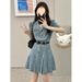 Suit Collar Denim Pleated Dress For Women In Summer, French Style Small Fragrance Style, Waist Cinching And Slimming_mkmklike.com