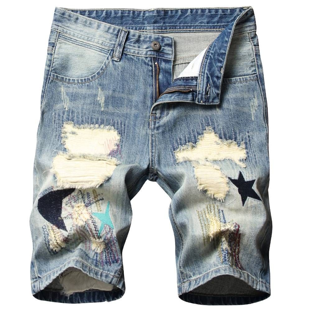 Men's Clothing Jeans Mid Length Pants Personalized Trendy Men's Shorts Elastic Ripped Pants_mkmklike.com