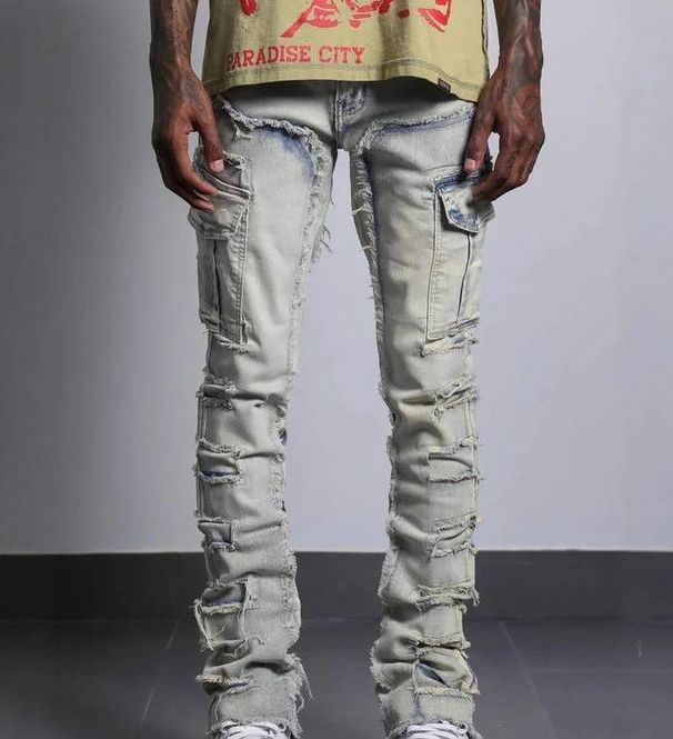 Men's Stretch Denim Straight Leg Jeans - Streetwear Washed Cotton Pants With Patchwork Details, Comfortable & Trendy For Casual Wear_mkmklike.com