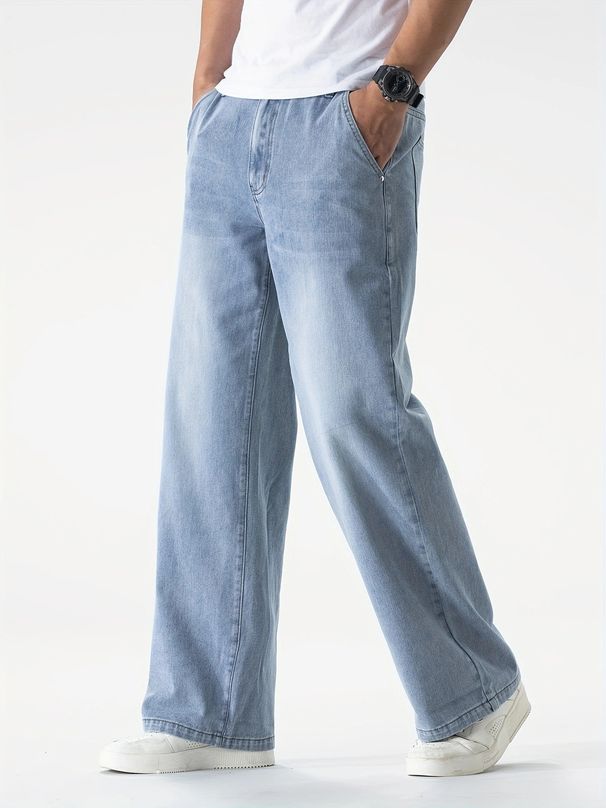 Relaxed Fit Casual Jeans For Men & Women - Comfortable Cotton Denim Pants With Washed Finish, Straight Leg & Multiple Pockets (Light Blue)_mkmklike.com