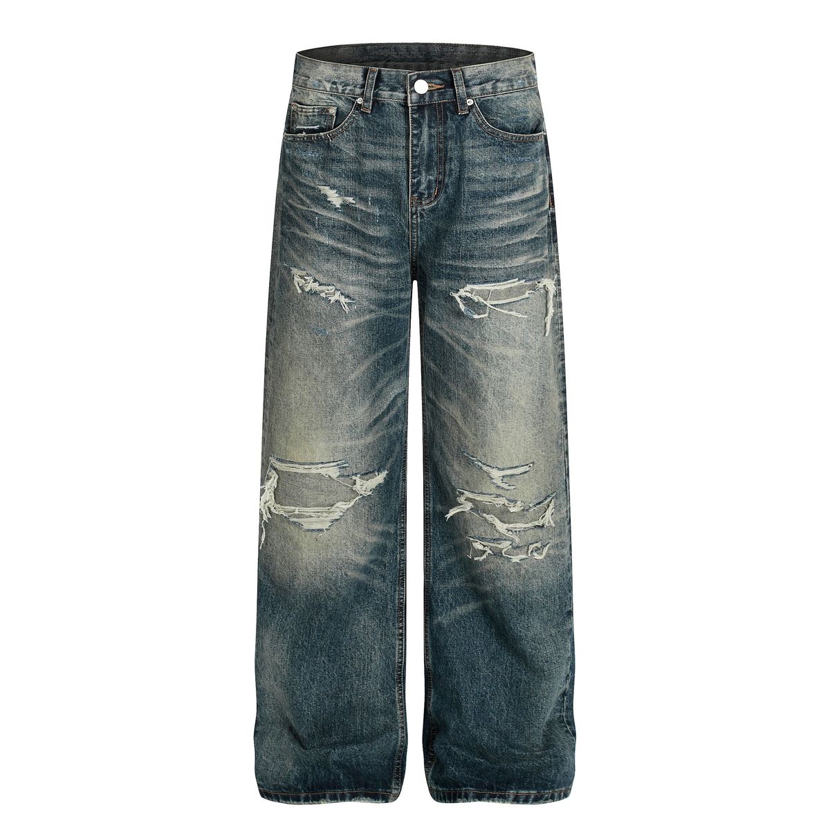Men's Retro Washed High Street Style Distressed Ripped Loose Straight Leg Jeans Floor Length Clothing_mkmklike.com