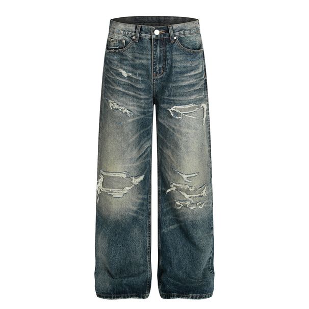 Men's Retro Washed High Street Style Distressed Ripped Loose Straight Leg Jeans Floor Length Clothing_mkmklike.com