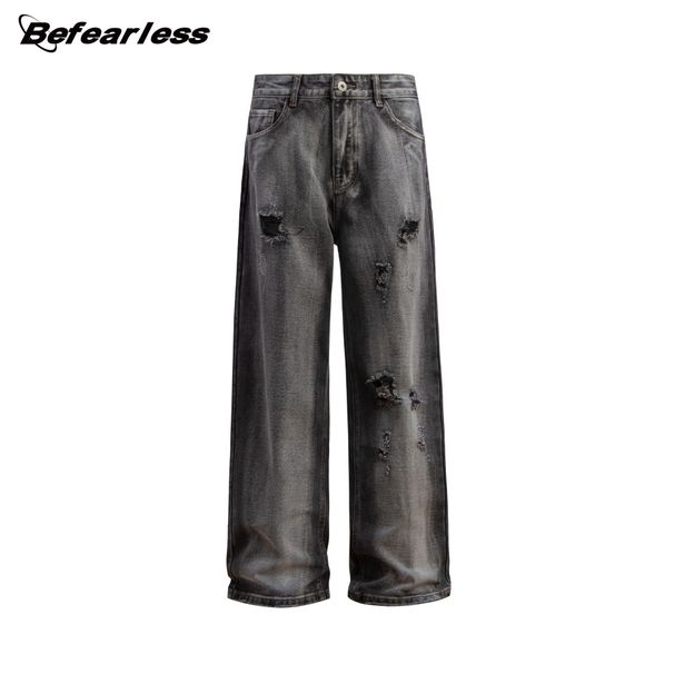 Men's Clothing Retro Washed Hole Workwear Jeans Trendy Brand Loose Straight Men And Women Wide Leg Mopping Casual Trousers_mkmklike.com