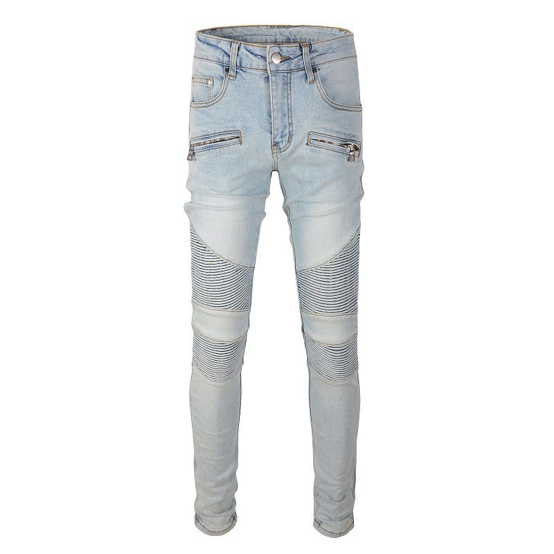 European And American Fashion Brand American Motorcycle Jeans Men's High Street Jeans Distressed Multi-pocket Slim Stretch 1098_mkmklike.com
