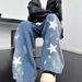 Men's Star Print Jeans - Relaxed Straight Leg Denim Pants With Washed Finish For Casual Wear_mkmklike.com