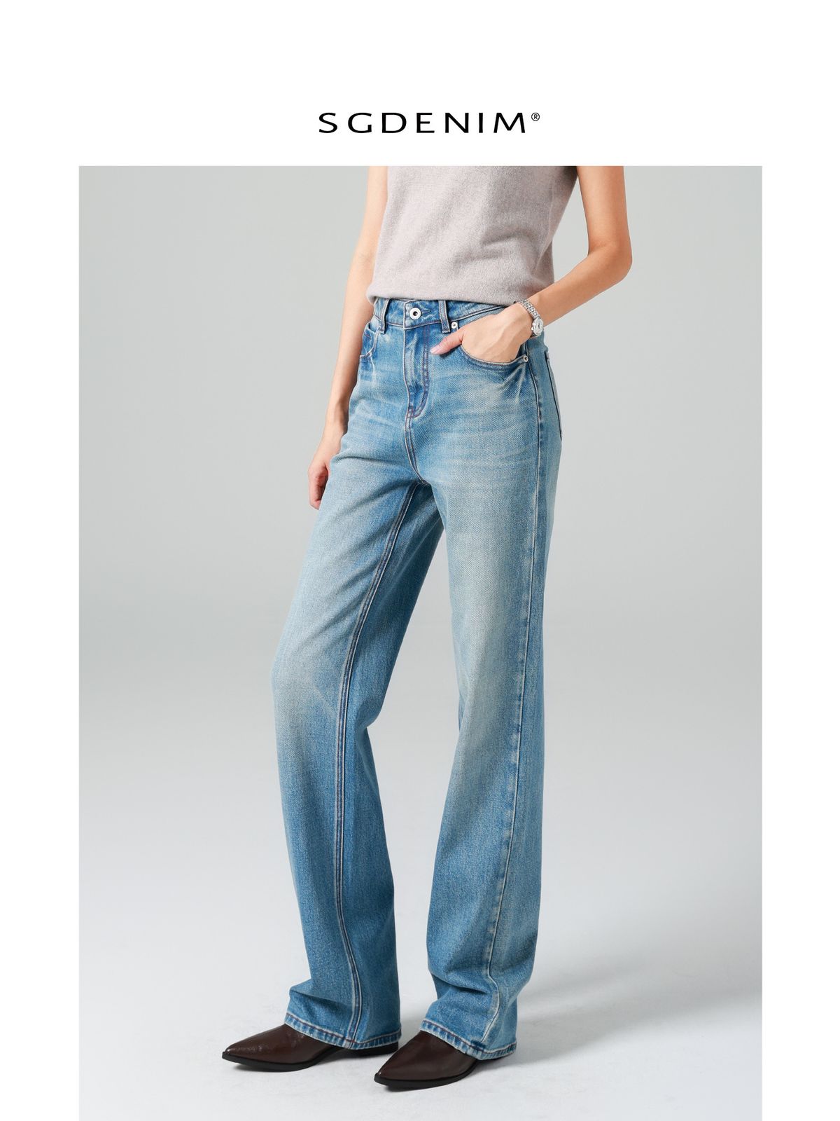 Women's High Waist Slim Straight Leg Jeans - Light Blue Stretch Comfort Fit Slimming Versatile Trousers_mkmklike.com