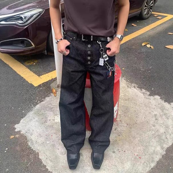 Men's Clothing American High Street Streetwear Button-Fly Jeans – Vintage Washed Relaxed Fit, Oversized Straight Leg (Black, Unisex Urban Aesthetic)_mkmklike.com