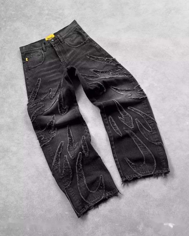 Men's Retro Bat Pattern Embroidery Loose Jeans American Harajuku Style Street Fashion Slouchy Pants_mkmklike.com