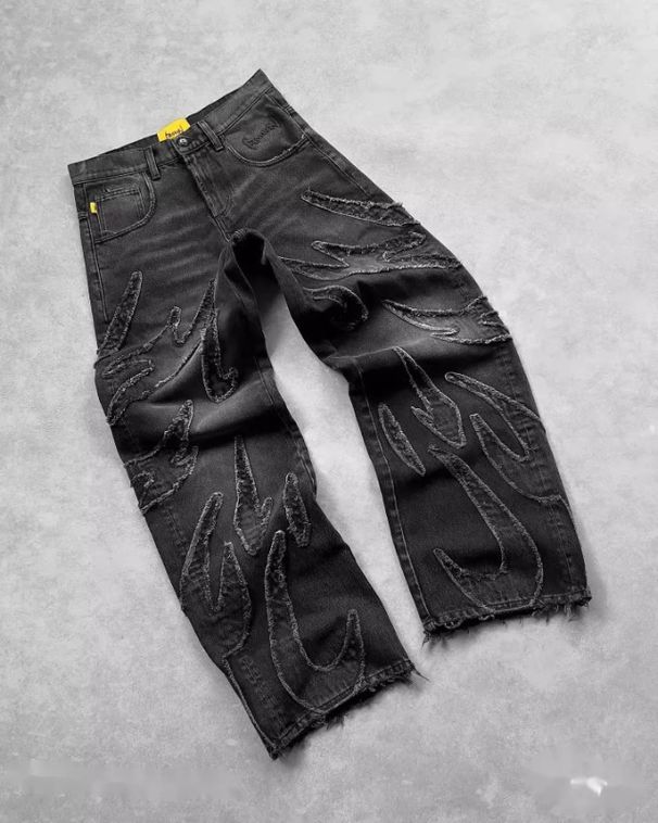 Men's Retro Bat Pattern Embroidery Loose Jeans American Harajuku Style Street Fashion Slouchy Pants_mkmklike.com