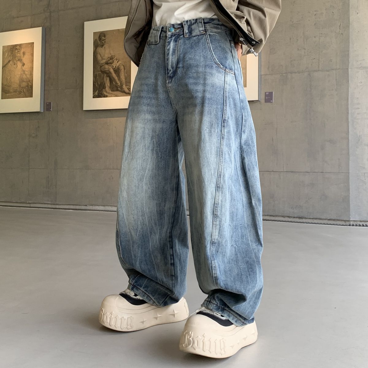Vintage Distressed Bamboo Knot Wide Leg Jeans For Men & Women – Retro Blue Relaxed Fit High Waist Straight Denim Pants_mkmklike.com