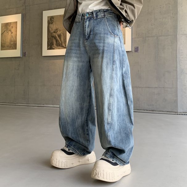 Vintage Distressed Bamboo Knot Wide Leg Jeans For Men & Women – Retro Blue Relaxed Fit High Waist Straight Denim Pants_mkmklike.com