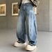 Vintage Distressed Bamboo Knot Wide Leg Jeans For Men & Women – Retro Blue Relaxed Fit High Waist Straight Denim Pants_mkmklike.com