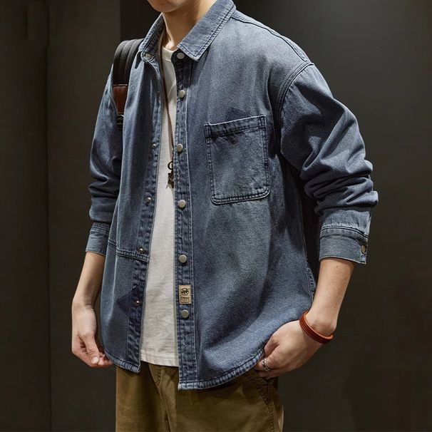 Men's Clothing Trendy Spring Denim Shirt Long Sleeve Loose Gray Workwear Casual Shirt Retro Jacket_mkmklike.com