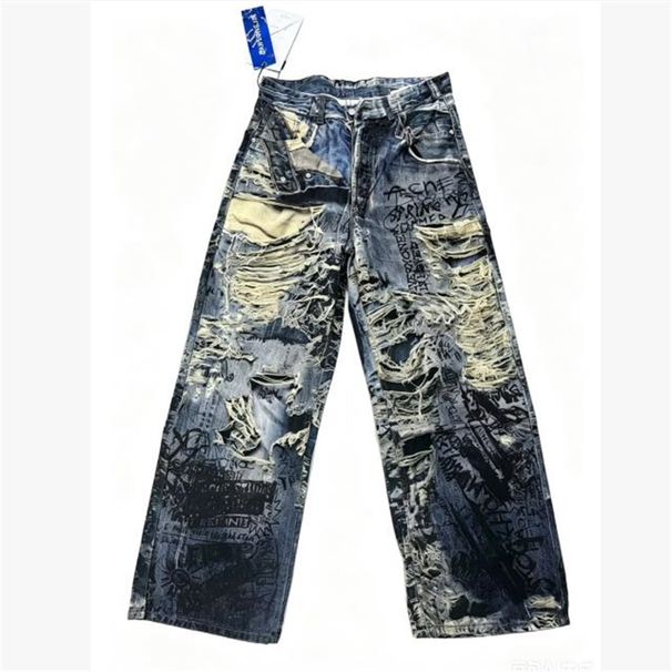 Fashion European-USA High Street Hip-Hop Jeans Women/Men Cotton Mid Waist Destroying Vintage Graffiti Broken Hole Straight Type Washed Denim Pants_mkmklike.com