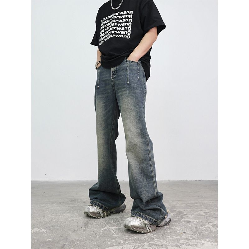 Nordmann Vintage Flared Frayed Hem Jeans For Men, Autumn Winter New Versatile Casual Pants, American Style Loose Straight_mkmklike.com