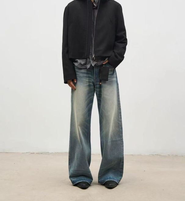 Men's Vintage Washed Clean Fit Wide-Leg Jeans – Retro Blue, Relaxed Straight With Subtle Flare, High-Quality Cotton Denim_mkmklike.com