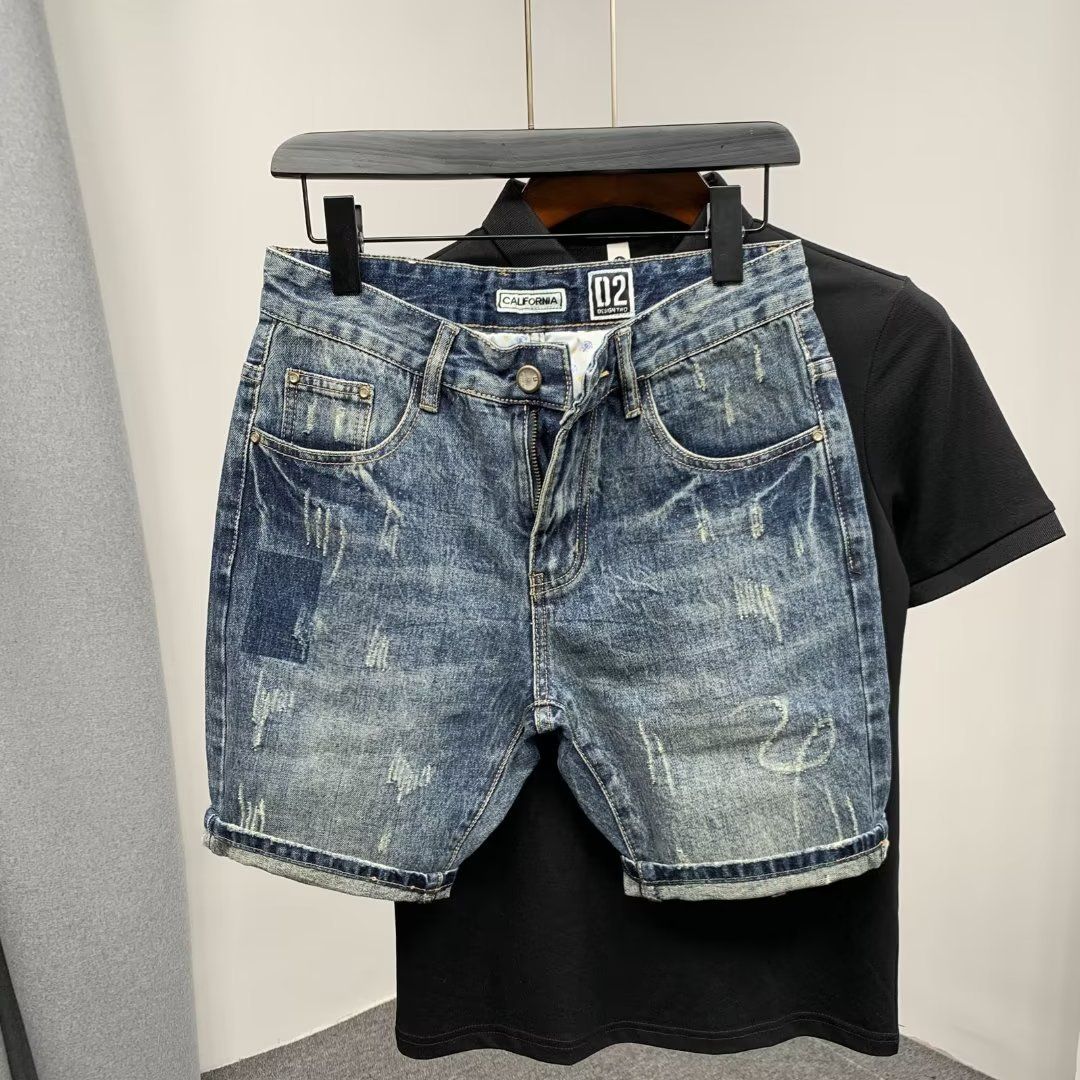 Men's Clothing New Men's Summer Denim Shorts Trendy Simple Cat Whisker Shorts Social Guy Five Point Retro Slim Fit_mkmklike.com