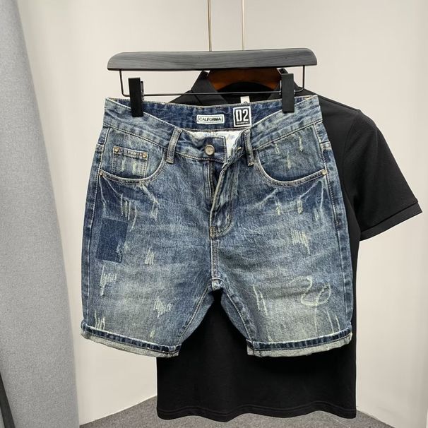 Men's Clothing New Men's Summer Denim Shorts Trendy Simple Cat Whisker Shorts Social Guy Five Point Retro Slim Fit_mkmklike.com