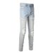 High Street Trendy Brand Ripped Retro Patch Jeans Men's Elastic Slim Fit Light Blue Jeans Men's Pants 6624_mkmklike.com