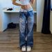 Women's Clothing Streetwear Distressed Print Jeans For Men & Women – Vintage Washed Denim Pants With Irregular Patterns, Mid-Rise Straight Leg_mkmklike.com