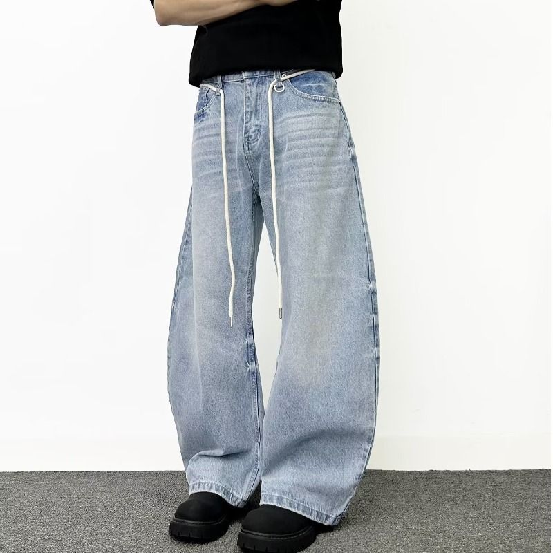 Vintage Washed Distressed Denim Jeans, Relaxed Straight Wide Leg Pants For Men & Women, Retro High Waist Casual Trousers, Blue_mkmklike.com