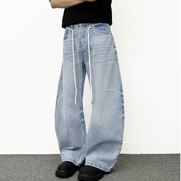 Vintage Washed Distressed Denim Jeans, Relaxed Straight Wide Leg Pants For Men & Women, Retro High Waist Casual Trousers, Blue_mkmklike.com