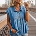Women's Cap Sleeve Denim Blouse, Casual Loose Pleated Babydoll Shirt, Button Down Collared Peplum Top For Daily Streetwear Summer Everyday Wear, Soft_mkmklike.com