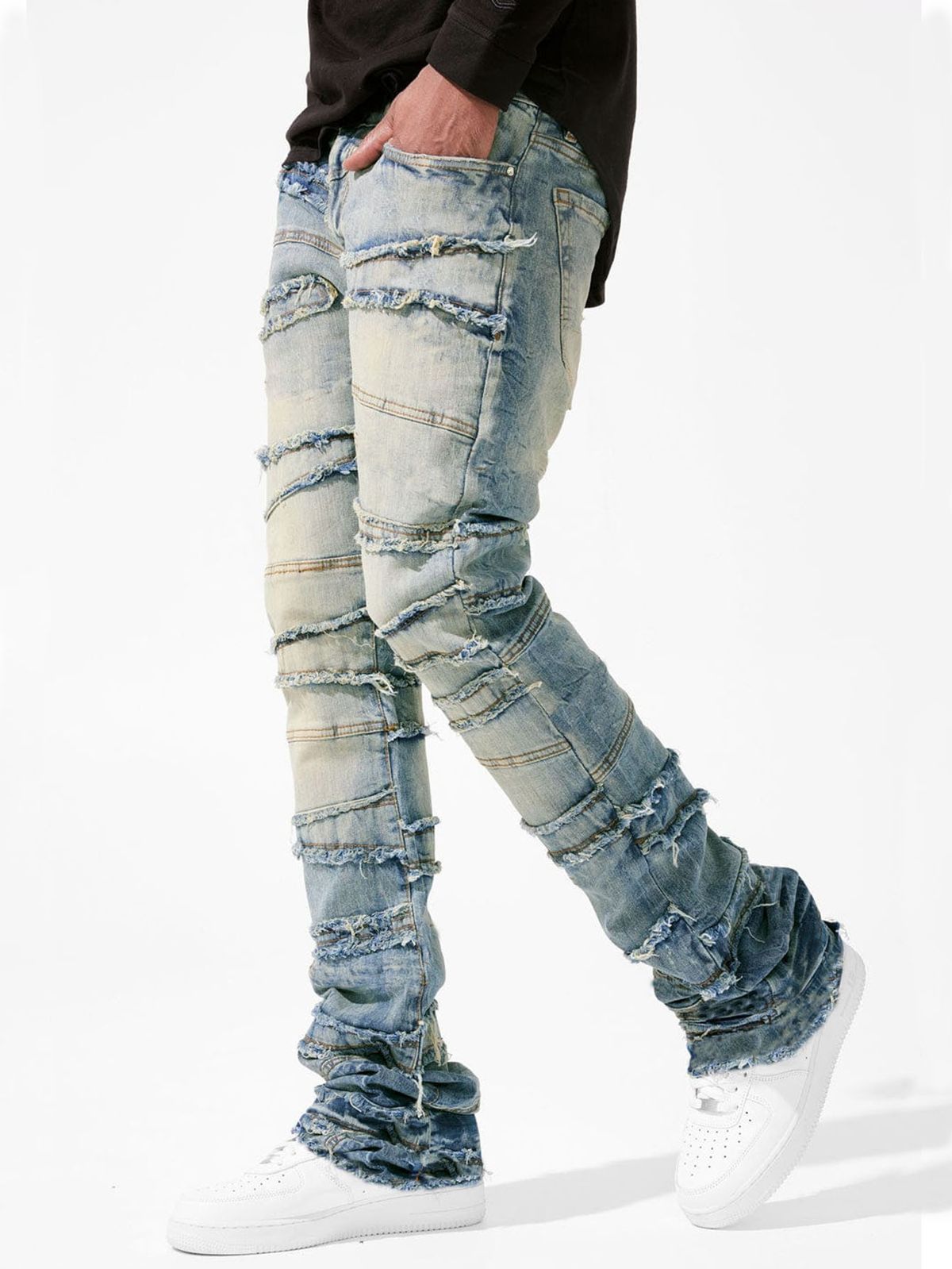 Men's Slim Fit Stretch Denim Jeans | Trendy Streetwear With Washed & Distressed Look | Black, Grey, Light Blue, Vintage Blue (S-XL)_mkmklike.com