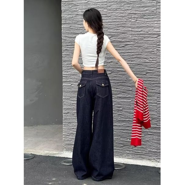 Plus Size Fashion Low Waist Classic Dark Blue Wide Leg Jeans For Women Autumn Hip Covering Loose Lazy Floor-Length_mkmklike.com