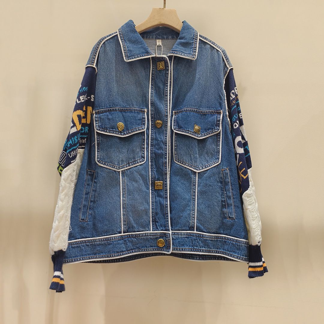 Women's Clothing Autumn And Winter Lazy Style Letter Contrast Color Stitching Sweater Sleeve Denim Jacket Female Ins Trendy Brand Windbreaker_mkmklike.com