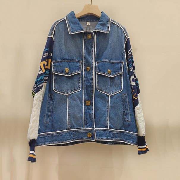 Women's Clothing Autumn And Winter Lazy Style Letter Contrast Color Stitching Sweater Sleeve Denim Jacket Female Ins Trendy Brand Windbreaker_mkmklike.com