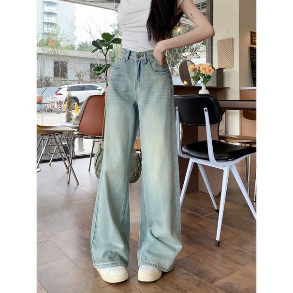 2026 New Vintage Loose Straight-Leg Denim Pants For Women, High-Waisted, Washed Design, Floor-Length Wide-Leg Trousers_mkmklike.com