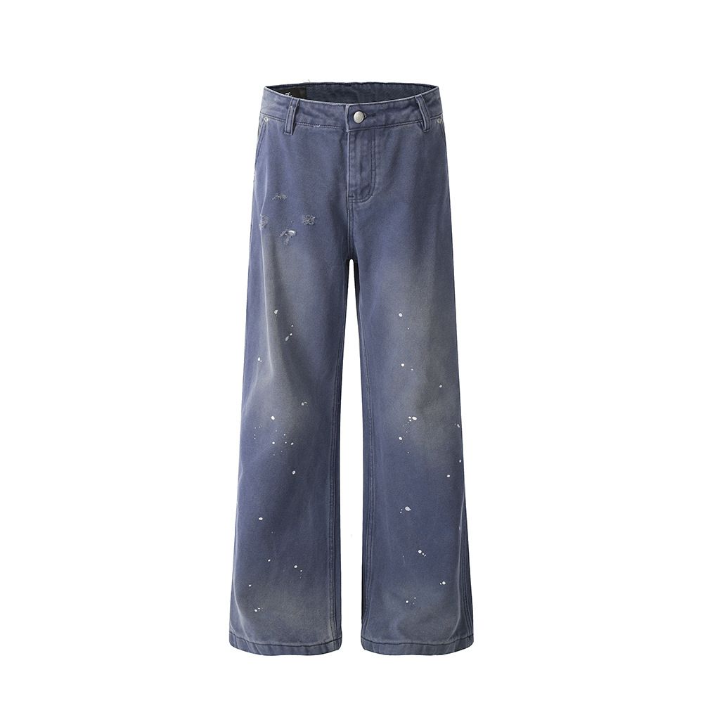 Ink Splash Ripped Jeans For Men Punk Trend Vintage Washed Floor-Length Loose Wide-Leg Straight Pants_mkmklike.com