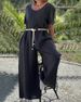 Women's Casual Solid Color V-neck Jumpsuit Mid-waist Pocket Jumpsuit with Belt_mkmklike.com