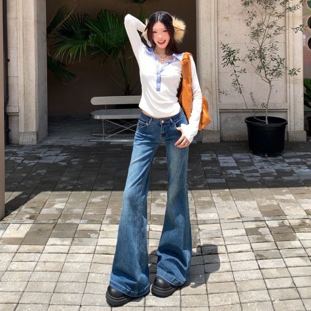 American Retro Style|Stretchy And Slimming|Women's Flared Denim Cotton Long Pants, Extra Length_mkmklike.com