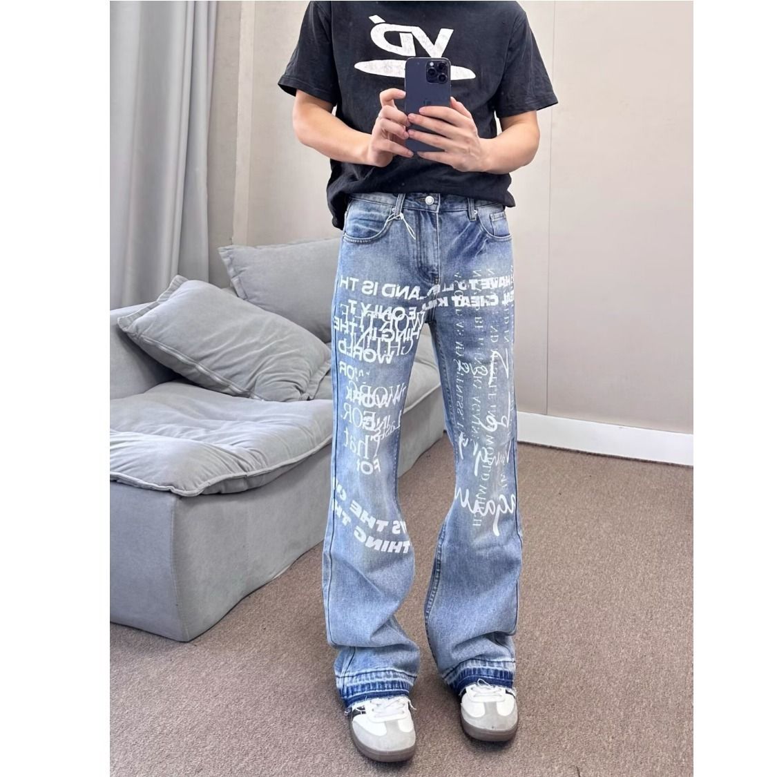 Trendy Brand Men Women High Waist Printed Loose Fit Straight Leg Jeans Retro Style Casual Pants_mkmklike.com