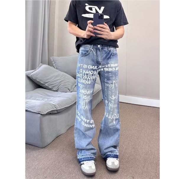 Trendy Brand Men Women High Waist Printed Loose Fit Straight Leg Jeans Retro Style Casual Pants_mkmklike.com