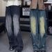 Men's Retro Deconstructed Patchwork Denim Jeans Straight Leg Wide Leg Trousers Heavy Duty Distressed Washed American High Street Style_mkmklike.com