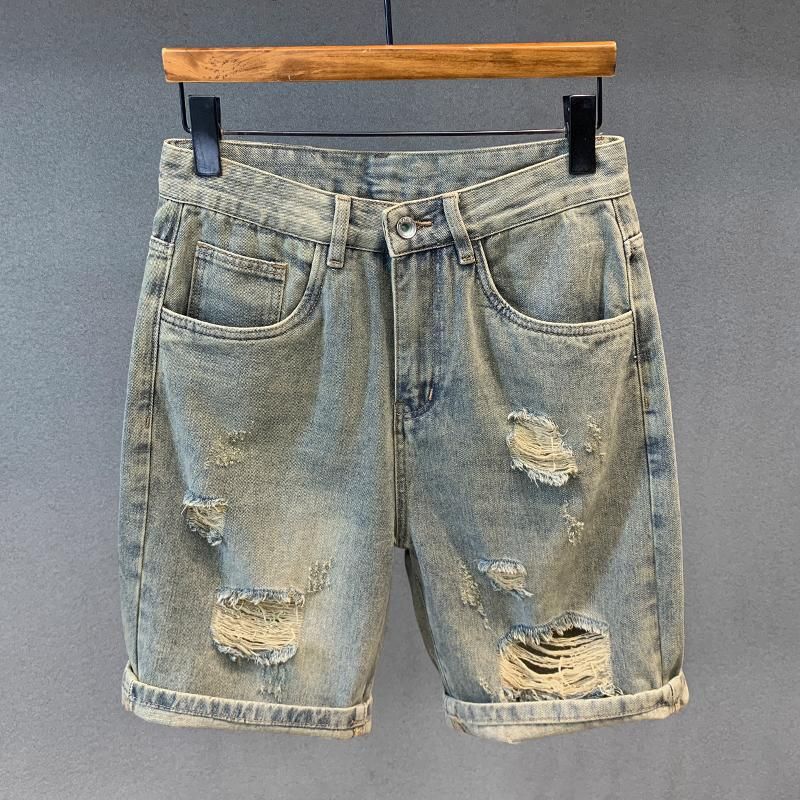 Men's Clothing Denim Shorts Men's Loose Large Size Straight Hole High End New Summer Men's Casual Shorts_mkmklike.com