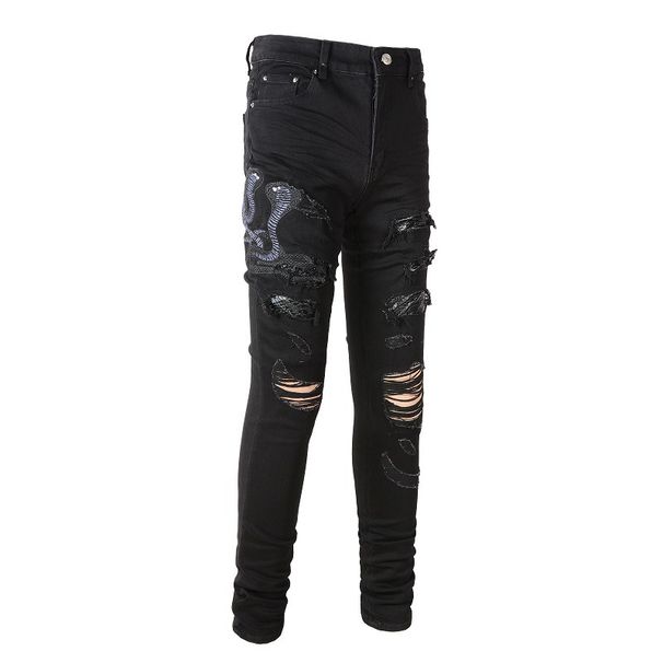 Men Snake Embroidery Jeans Skinny Tapered Stretch Denim Pants Streetwear Holes Ripped Leather Patch Patchwork Trousers_mkmklike.com