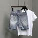 Men's Clothing Hole Patch Printed Frayed Denim Slim Fit Shorts_mkmklike.com