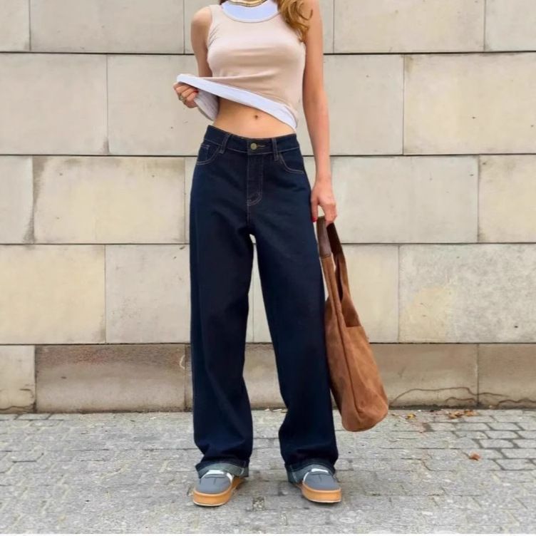 Women's Clothing Wide Leg Pants,Autumn Wear Wide Leg Jeans - High Waisted Stretch Denim Pants For Casual & Office Wear (Dark Blue, Sizes 25-32)_mkmklike.com