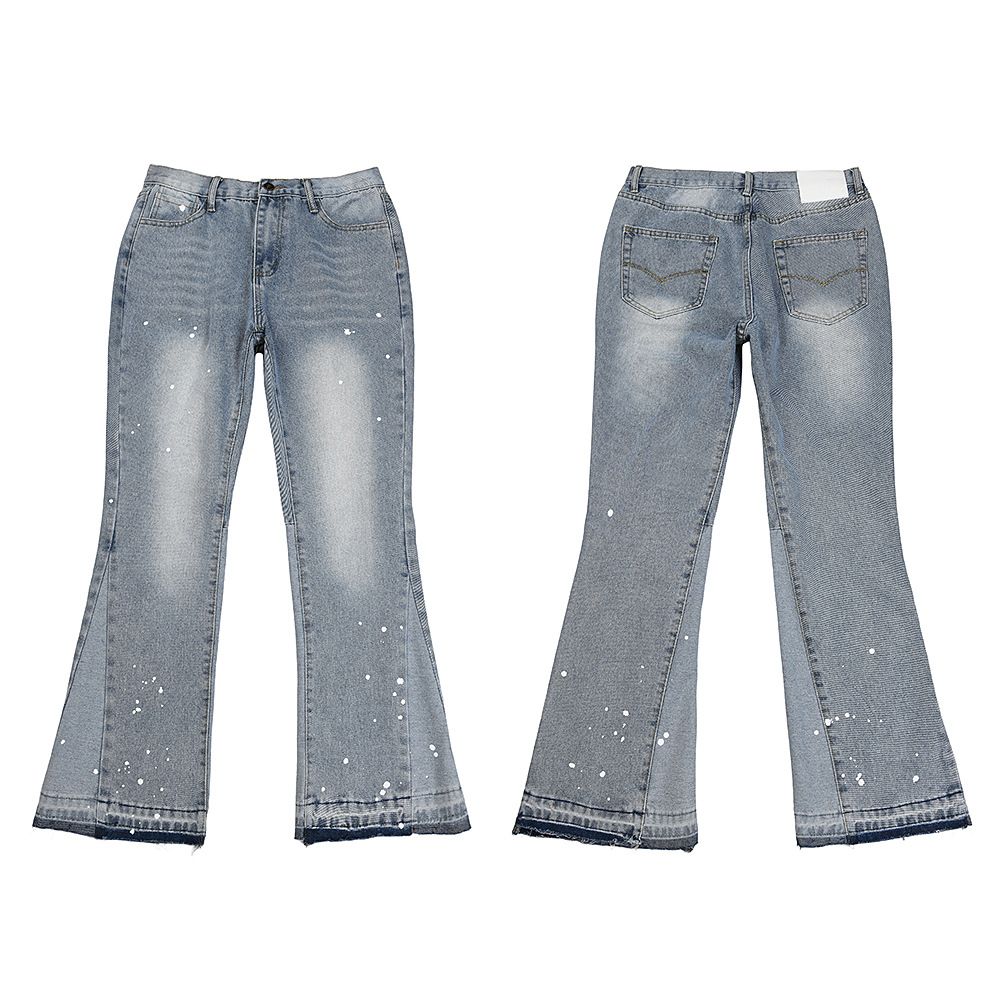 Men's Distressed Bootcut Jeans | Heavy Washed & Splatter Paint Denim | Asymmetrical Frayed Hem Y2K Grunge Streetwear Pants With Tassel Accents_mkmklike.com