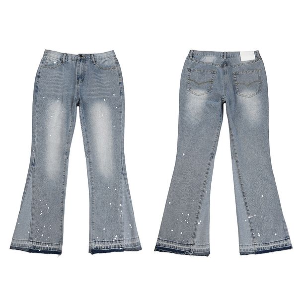 Men's Distressed Bootcut Jeans | Heavy Washed & Splatter Paint Denim | Asymmetrical Frayed Hem Y2K Grunge Streetwear Pants With Tassel Accents_mkmklike.com