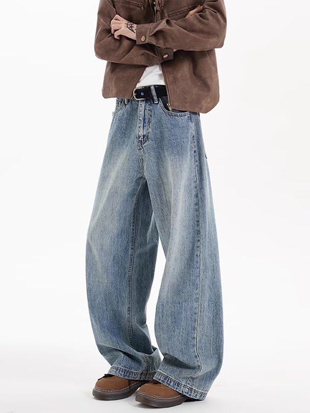Retro Washed Blue Straight Leg Jeans Trendy Distressed Loose Casual Wide Leg Pants For Men And Women_mkmklike.com