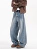 Retro Washed Blue Straight Leg Jeans Trendy Distressed Loose Casual Wide Leg Pants For Men And Women_mkmklike.com